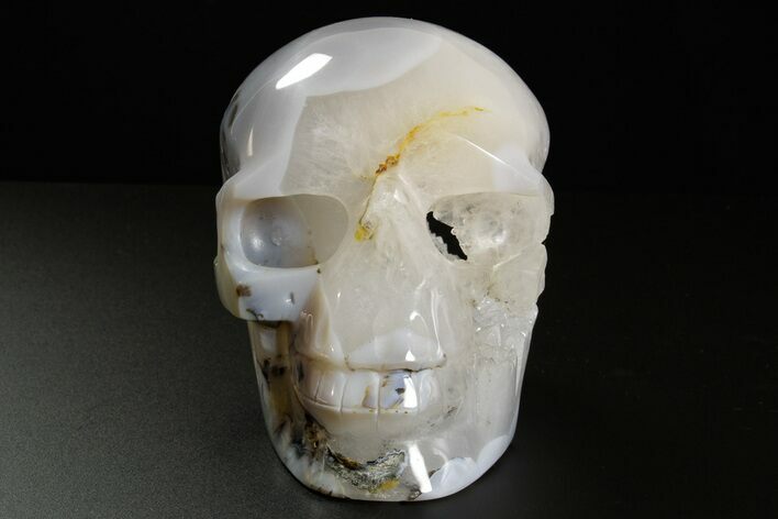 Realistic Polished Banded Agate Skull with Quartz Crystal Pocket #378651